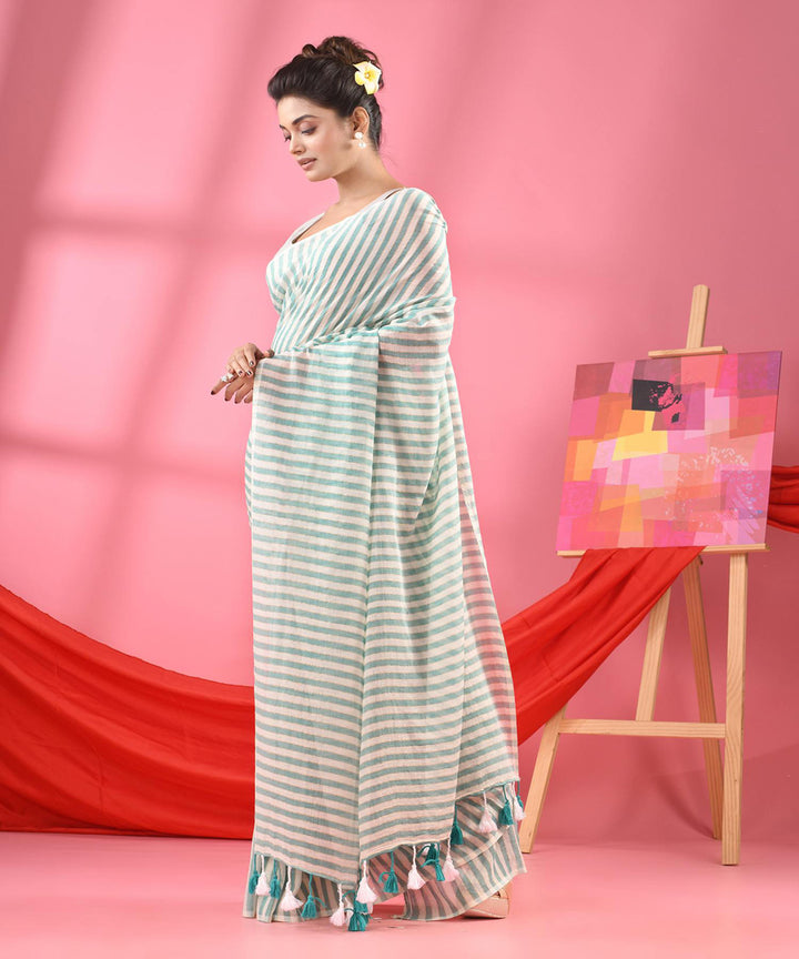 Turquoise white handloom bengal cotton saree