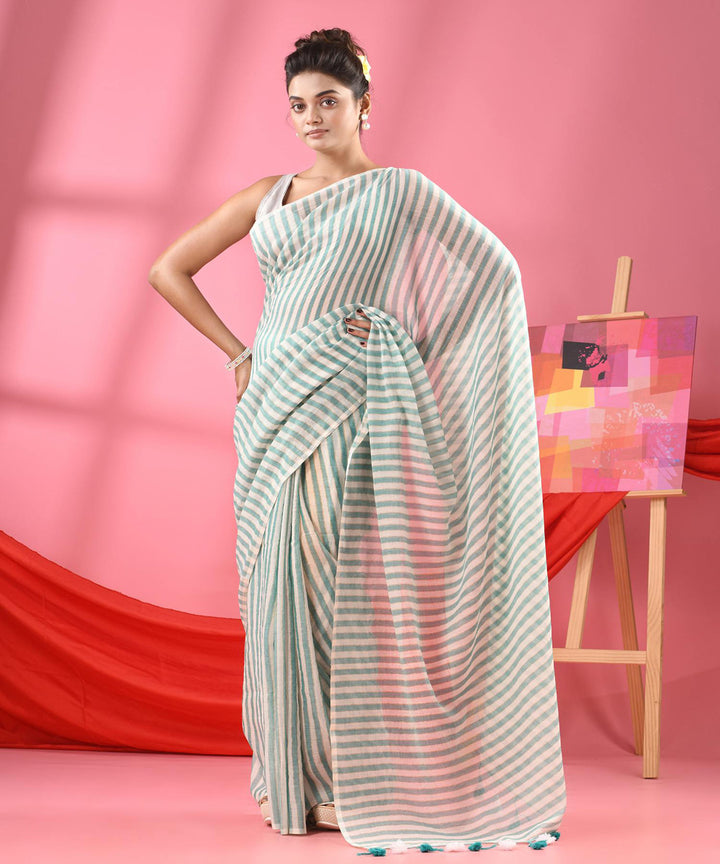 Turquoise white handloom bengal cotton saree