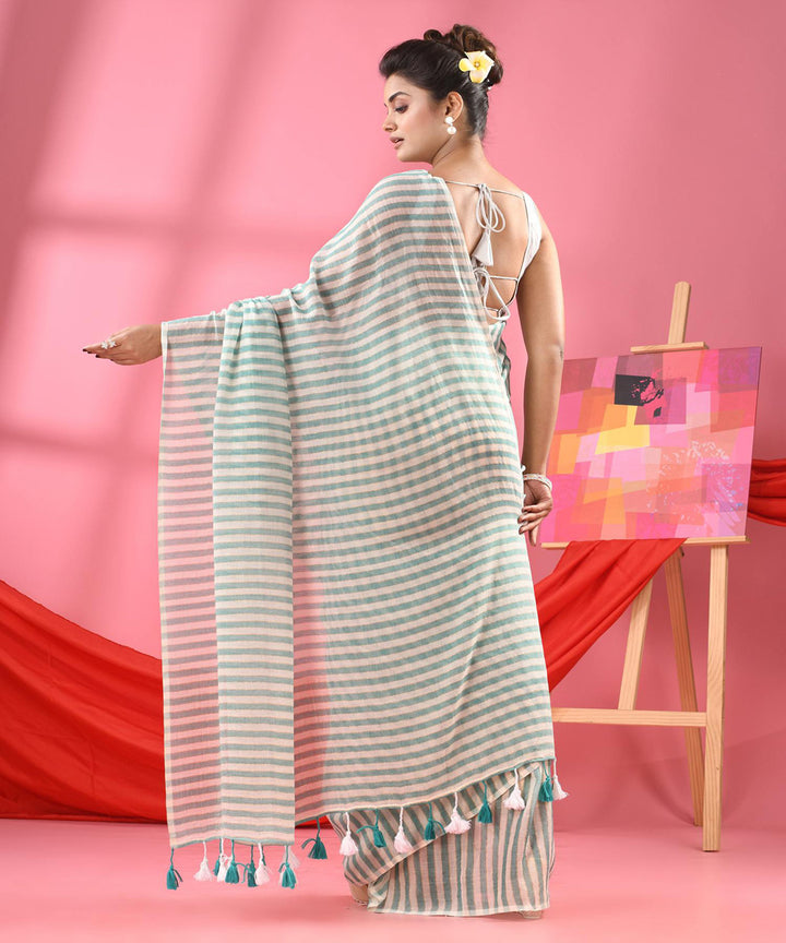 Turquoise white handloom bengal cotton saree