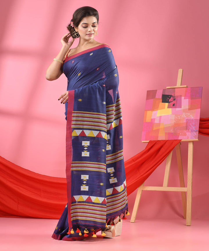 Navy blue red handloom cotton bengal saree