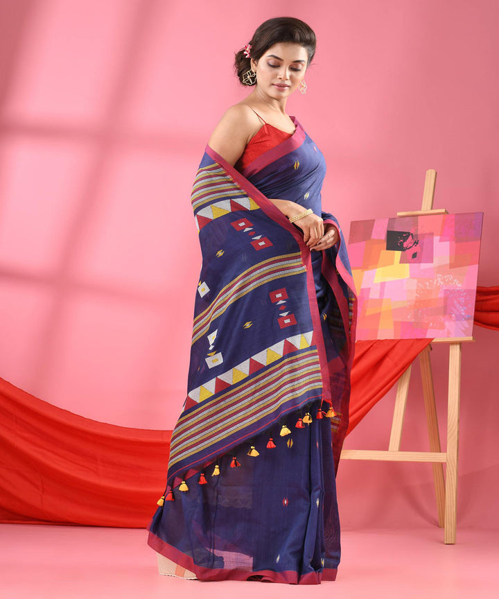 Navy blue red handloom cotton bengal saree