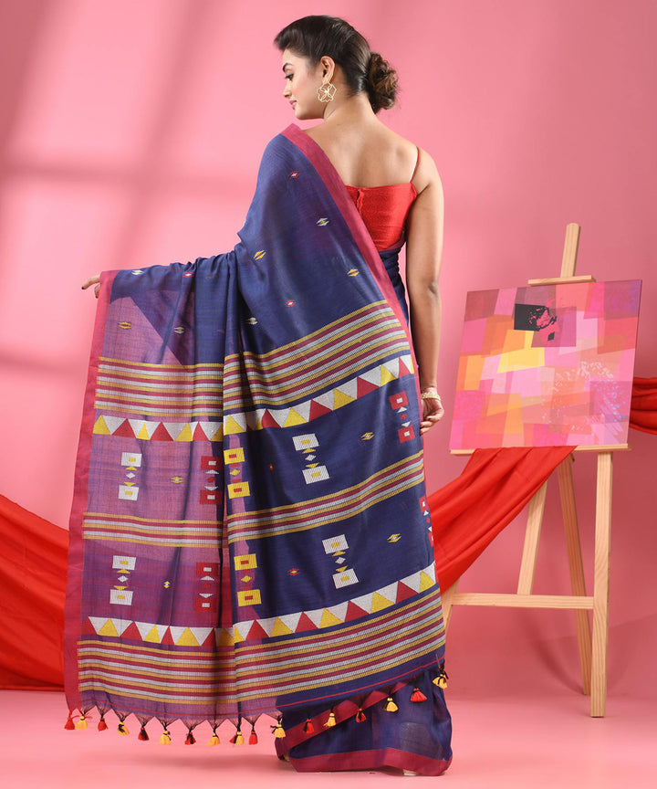 Navy blue red handloom cotton bengal saree