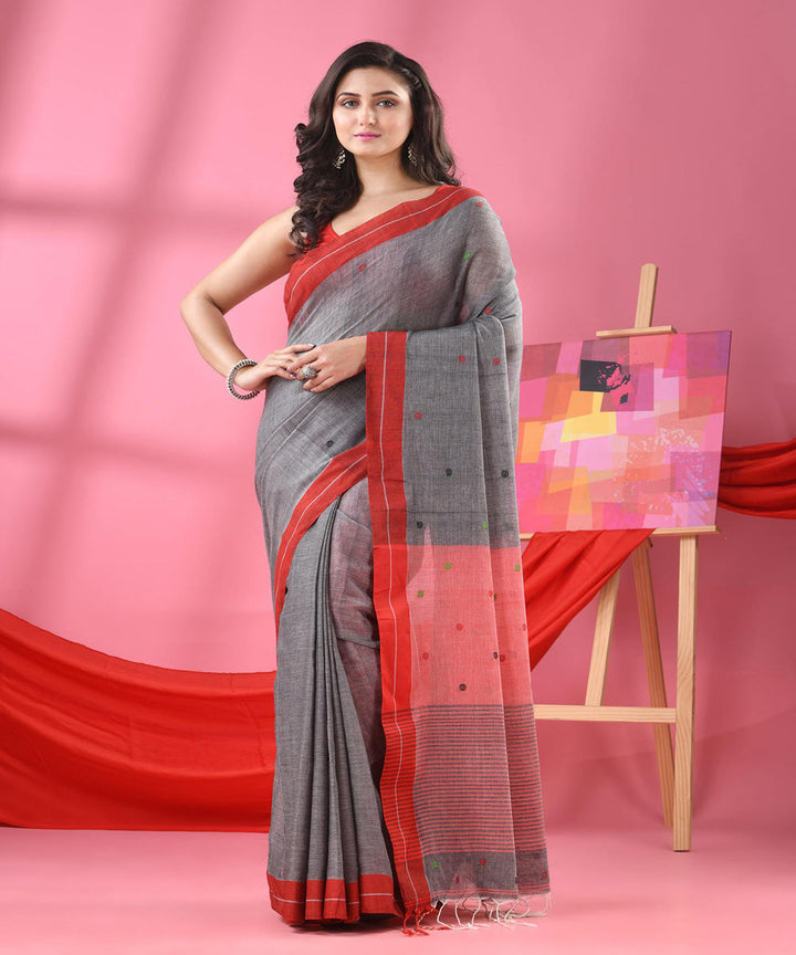 Grey red bengal handwoven cotton saree
