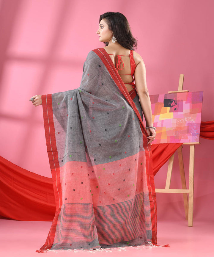 Grey red bengal handwoven cotton saree