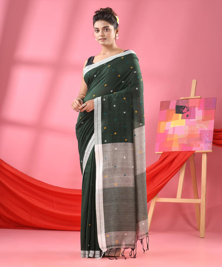 Bottle green offwhite handloom bengal cotton saree