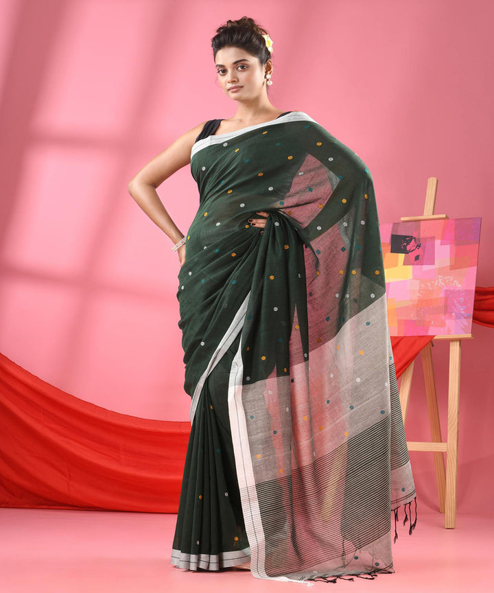 Bottle green offwhite handloom bengal cotton saree