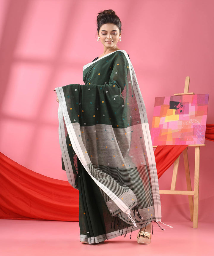 Bottle green offwhite handloom bengal cotton saree
