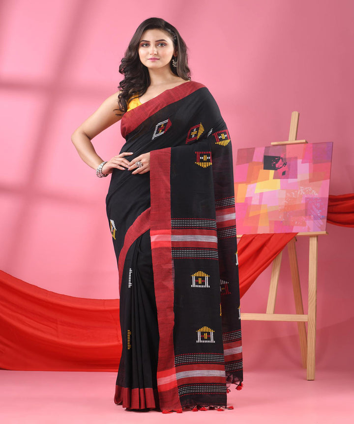 Black red handloom bengal cotton saree