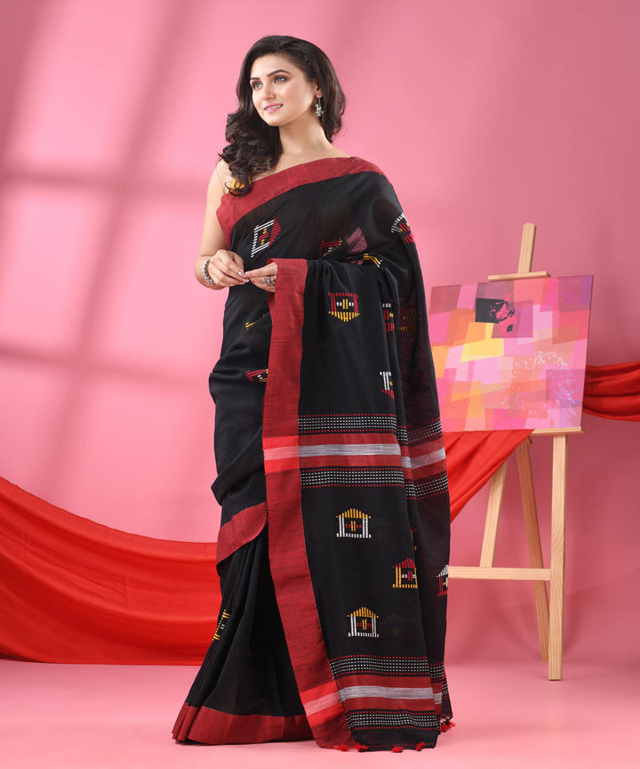 Black red handloom bengal cotton saree