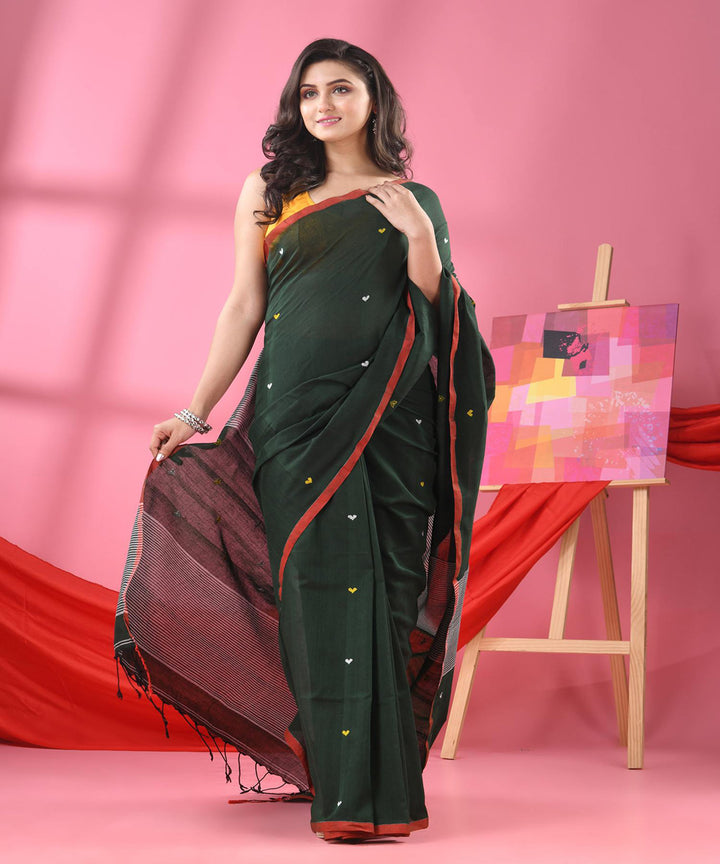 Bottle green handloom bengal cotton saree