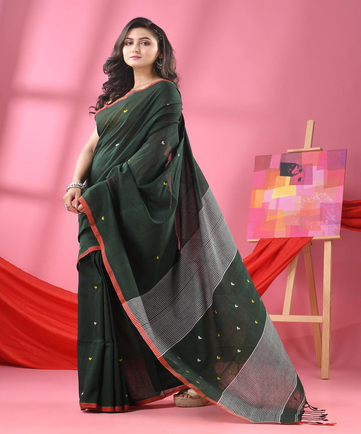 Bottle green handloom bengal cotton saree