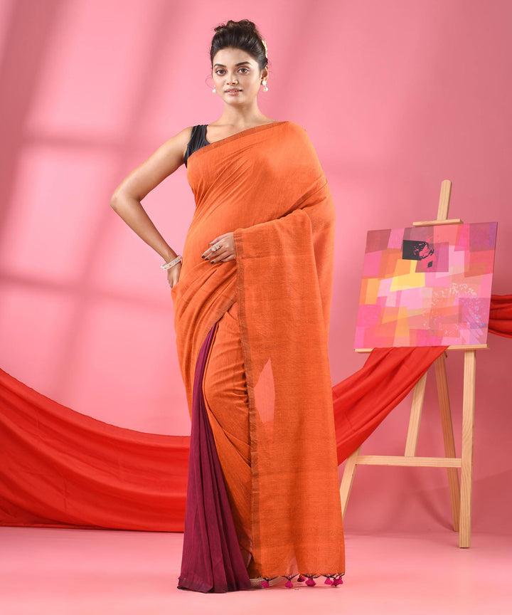 Orange magenta handloom bengal cotton saree