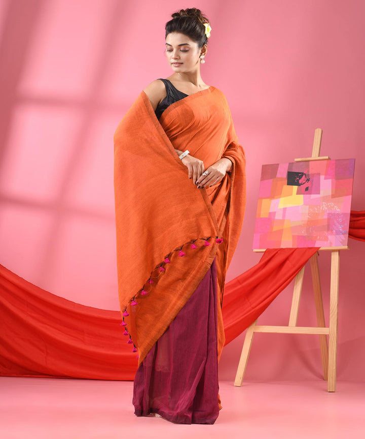 Orange magenta handloom bengal cotton saree