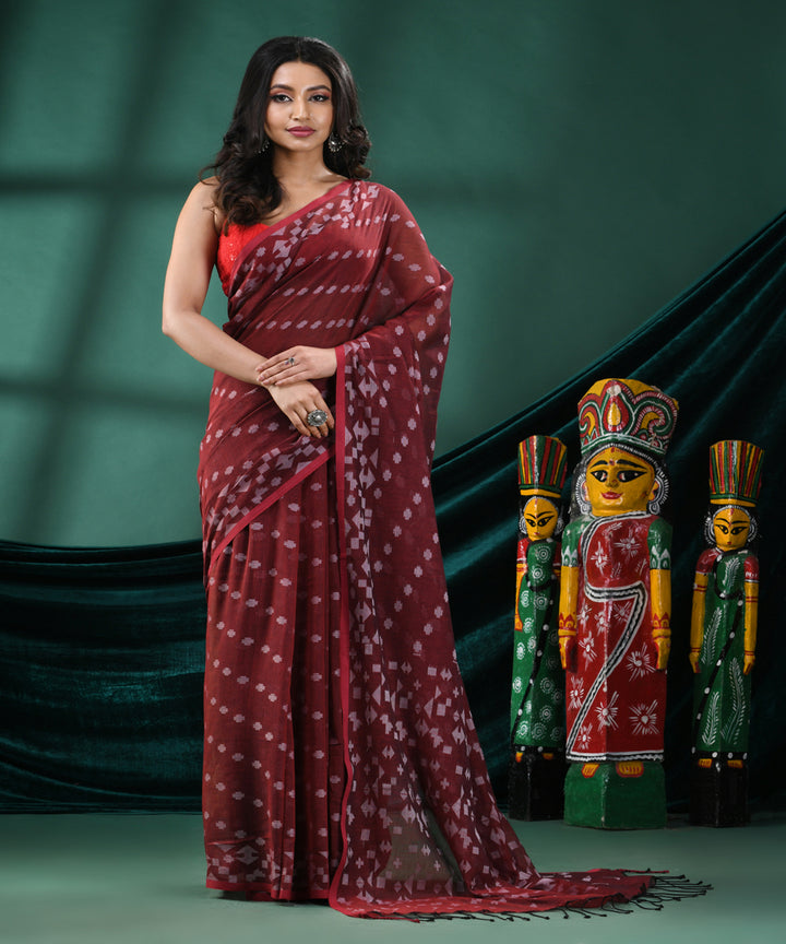 Maroon offwhite handloom cotton bengal saree