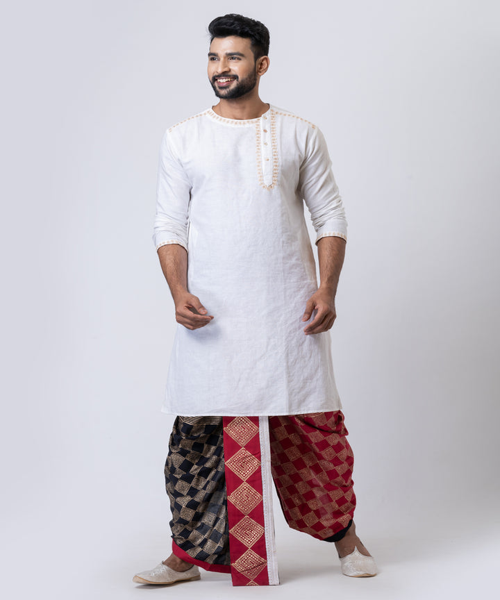 Maroon black hand block printed cotton rayon dhoti