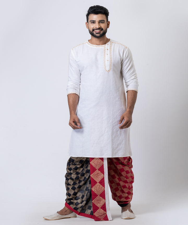Maroon black hand block printed cotton rayon dhoti