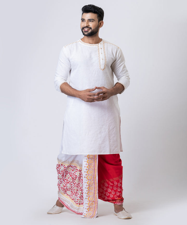 White red hand block printed cotton rayon dhoti