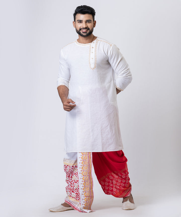 White red hand block printed cotton rayon dhoti