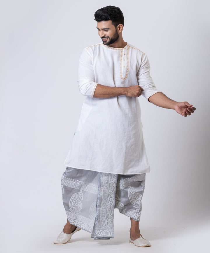 Grey hand block printed dupion silk dhoti