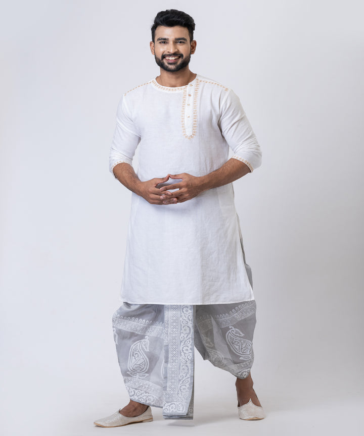 Grey hand block printed dupion silk dhoti