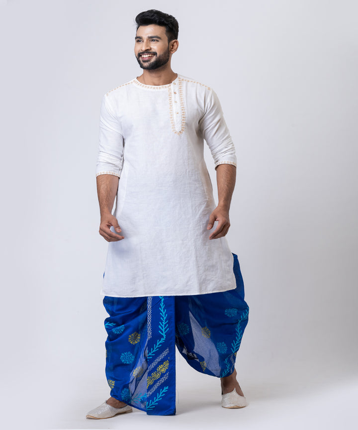 Navy blue hand block printed dupion silk dhoti
