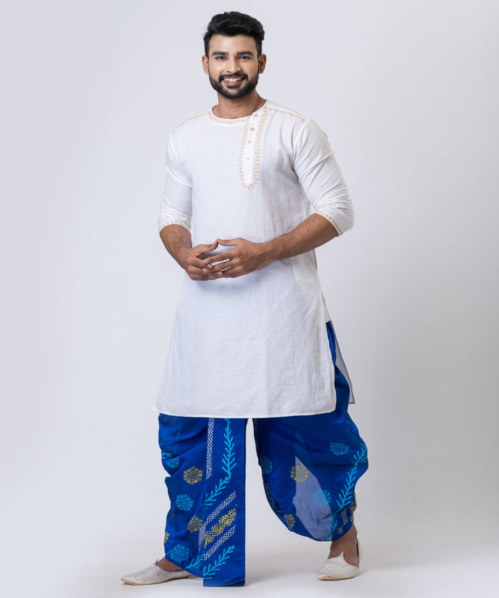 Navy blue hand block printed dupion silk dhoti