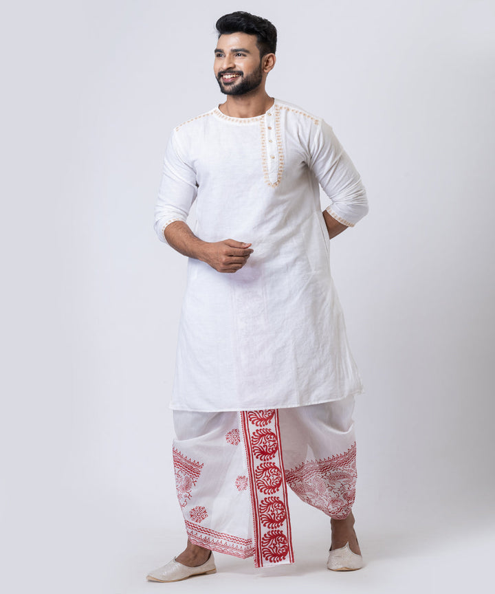 White red hand block printed dupion silk dhoti