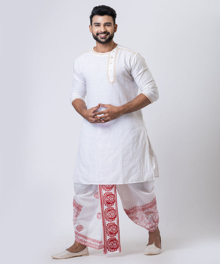 White red hand block printed dupion silk dhoti