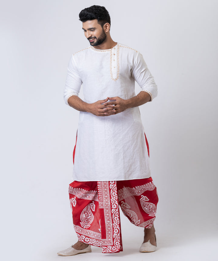 Red white hand block printed dupion silk dhoti