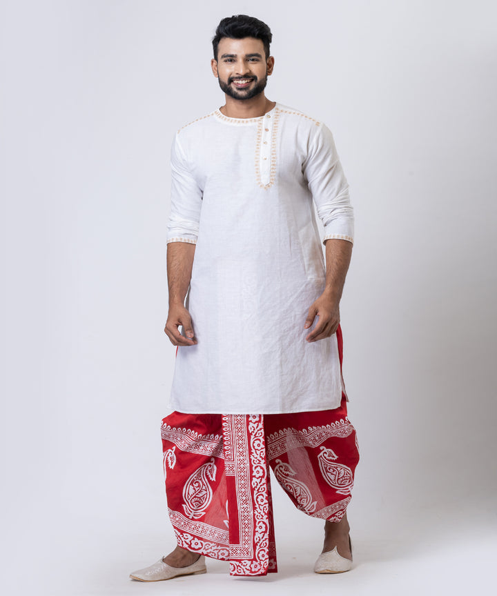 Red white hand block printed dupion silk dhoti