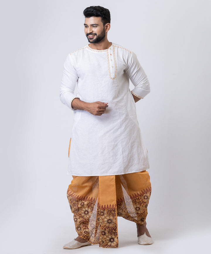 Brown hand-block printed dupion silk dhoti