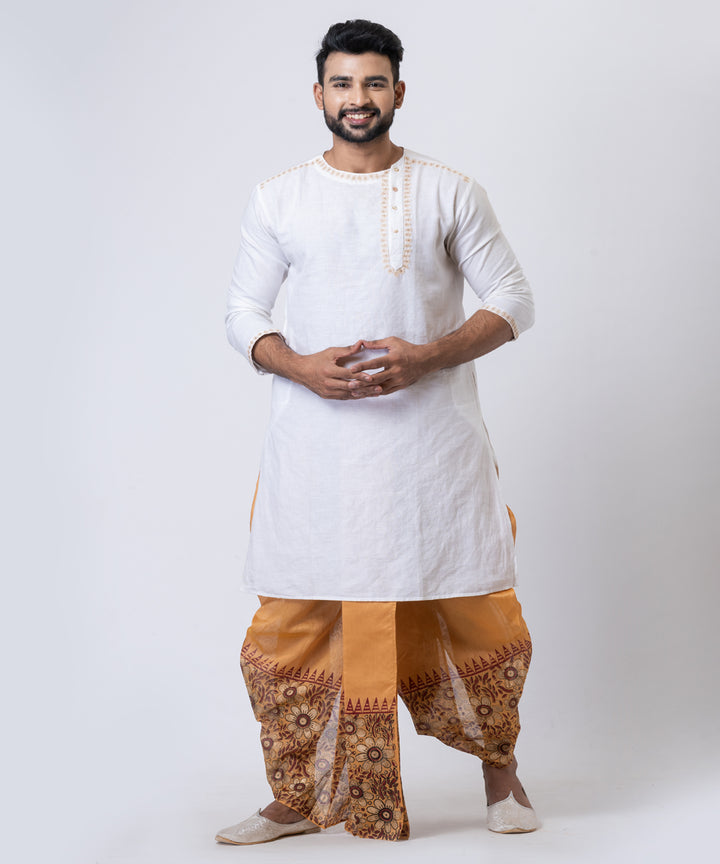 Brown hand-block printed dupion silk dhoti