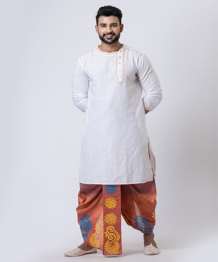 Peach multicolor hand block printed dupion silk dhoti