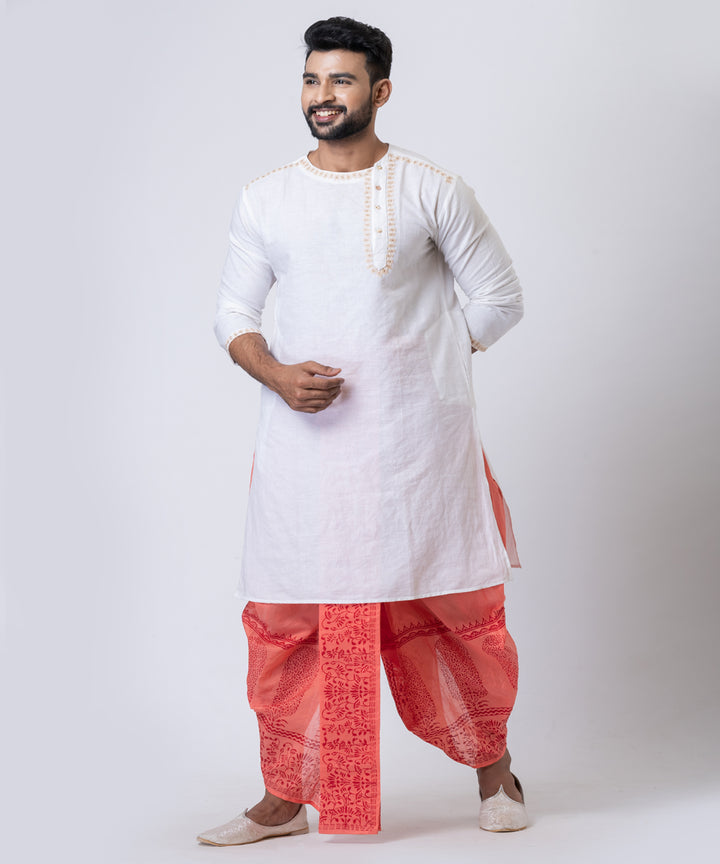 Peach hand block printed dupion silk dhoti