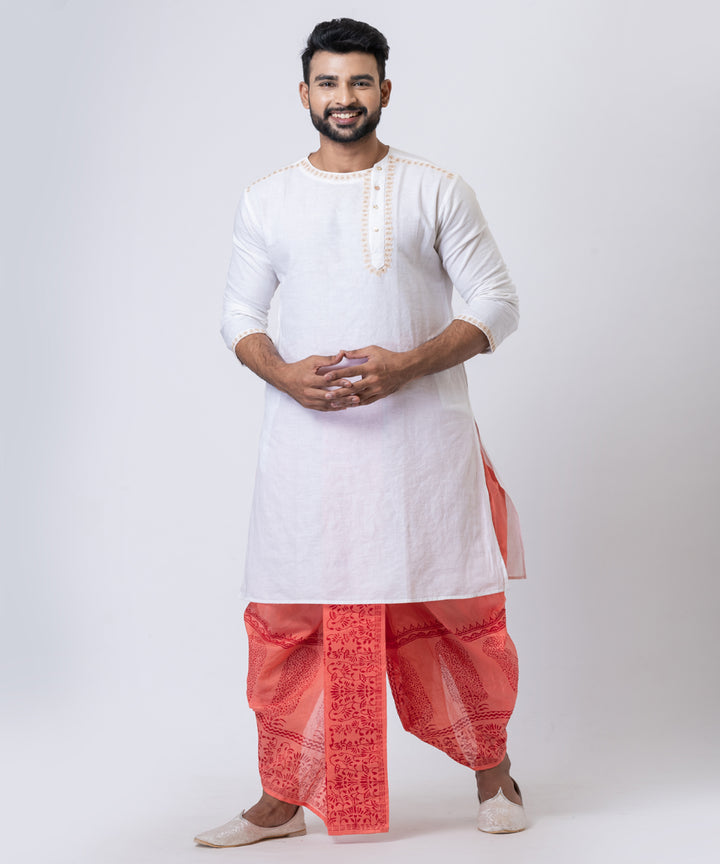 Peach hand block printed dupion silk dhoti