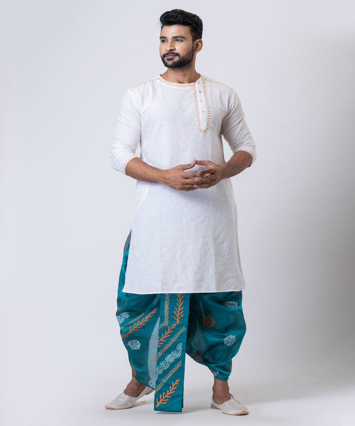 Turquoise hand block printed dupion silk dhoti