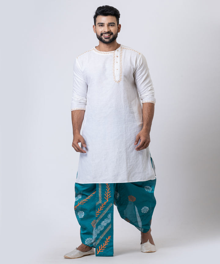 Turquoise hand block printed dupion silk dhoti