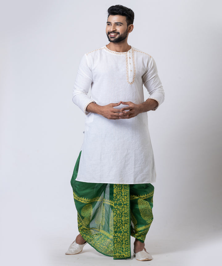 Dark green yellow hand block printed dupion silk dhoti