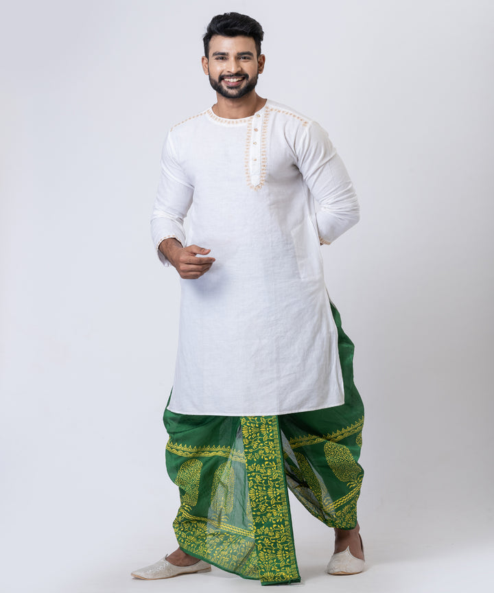 Dark green yellow hand block printed dupion silk dhoti