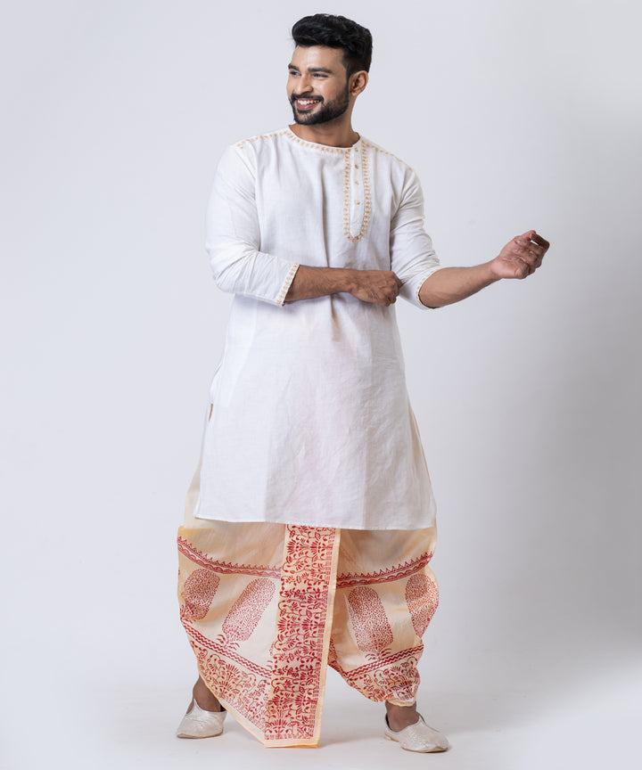 Beige red dupion silk hand block printed dhoti