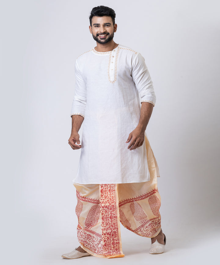 Beige red dupion silk hand block printed dhoti