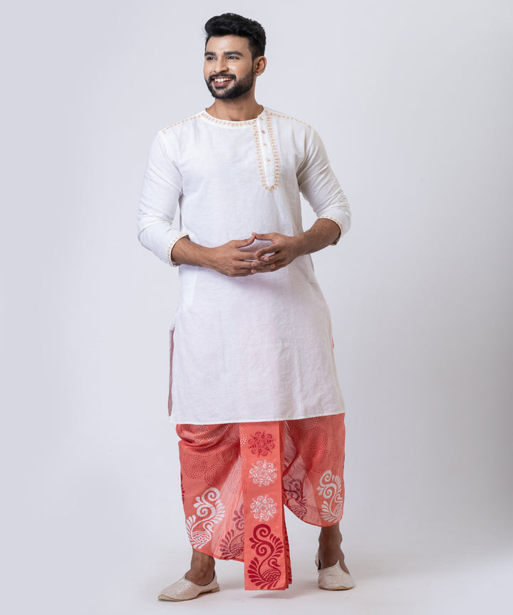 Orange white hand block printed dupion silk dhoti
