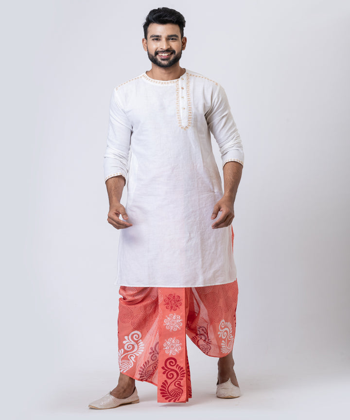 Orange white hand block printed dupion silk dhoti