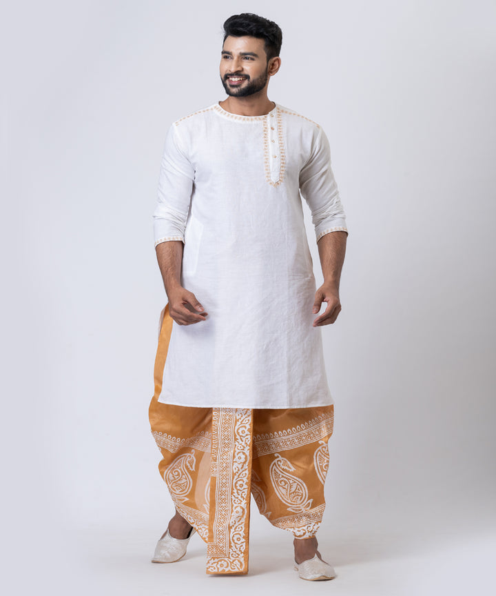 Brown white hand block printed dupion silk dhoti