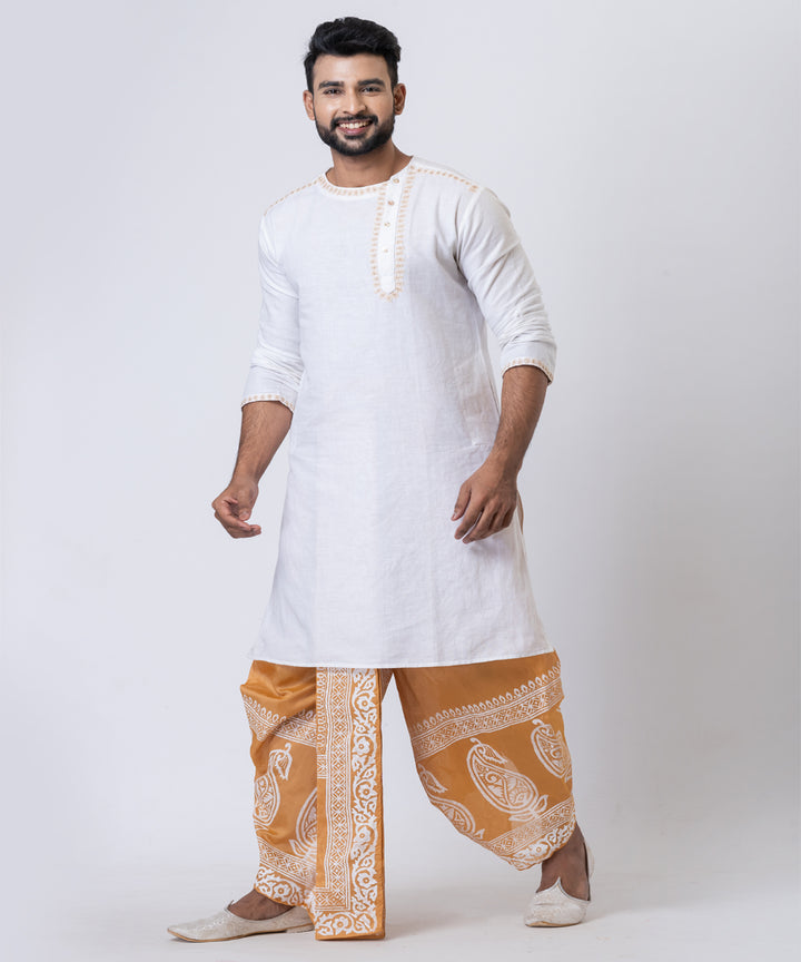 Brown white hand block printed dupion silk dhoti