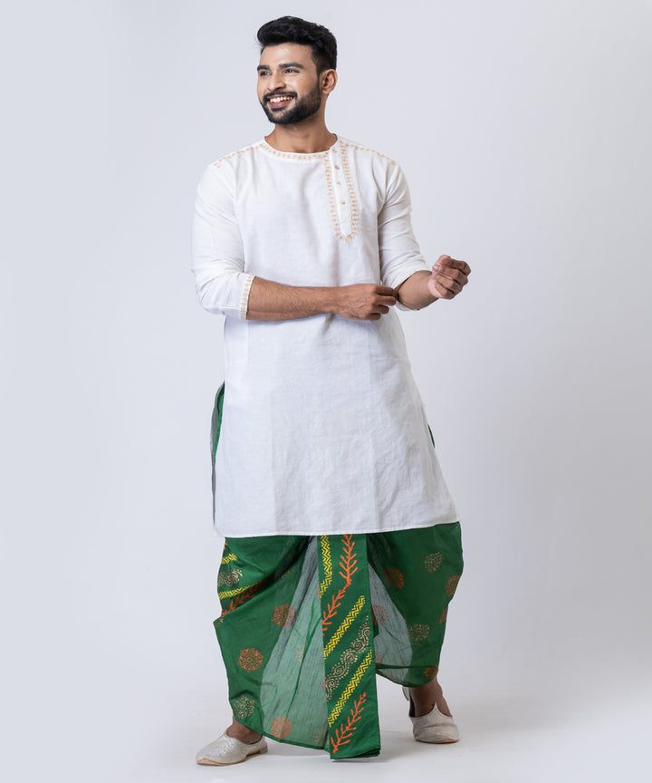 Olive green multi color hand block printed dupion silk dhoti