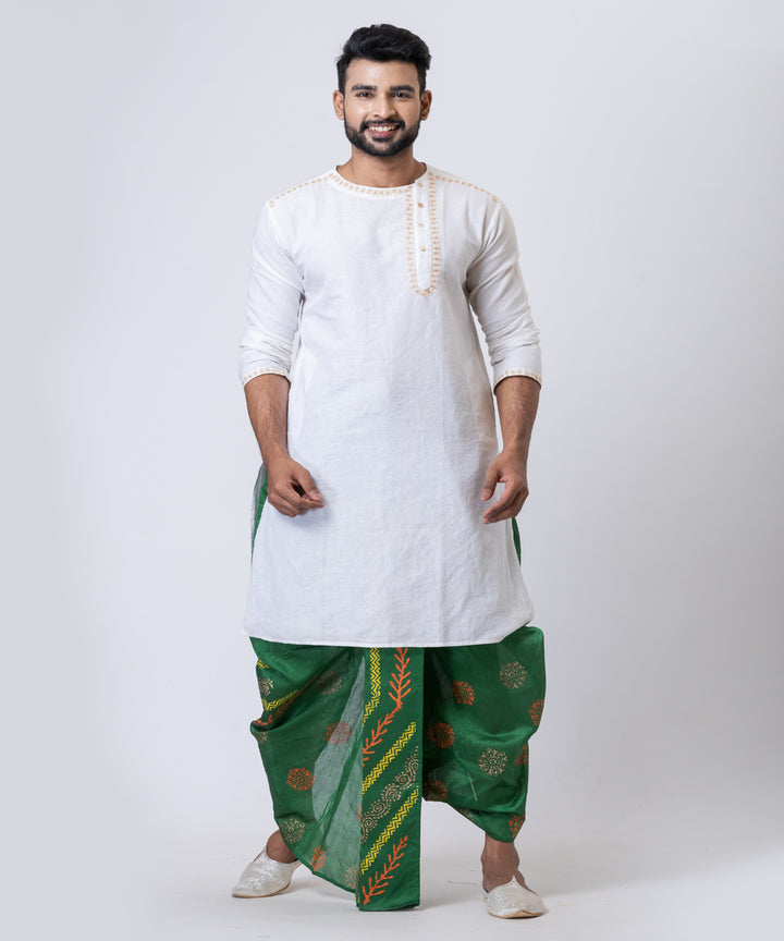 Olive green multi color hand block printed dupion silk dhoti