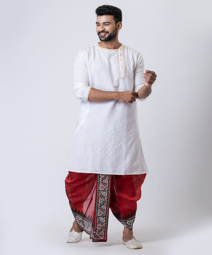 Red dupion silk hand block print dhoti