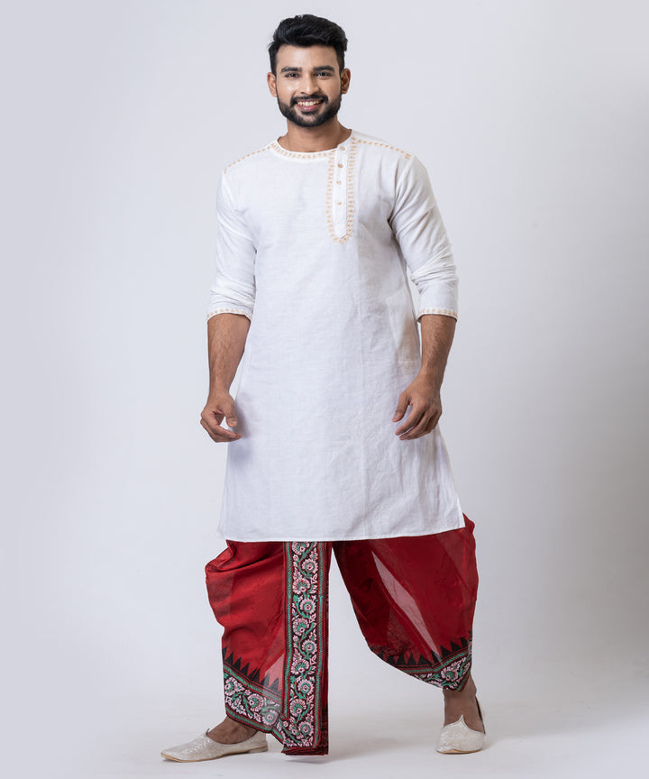 Red dupion silk hand block print dhoti