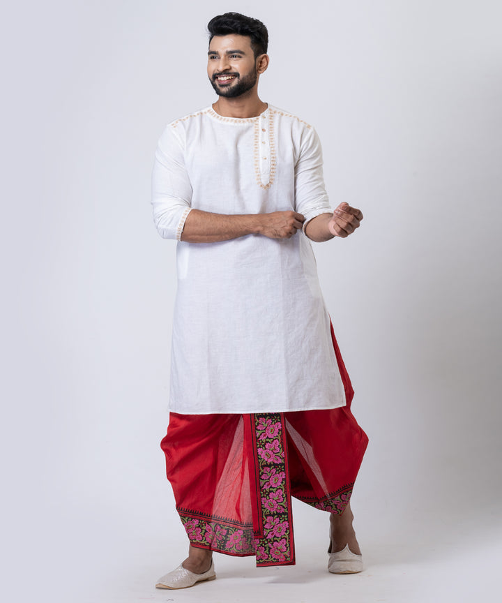 Red block printed dupion silk dhoti